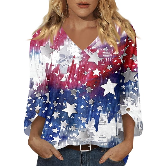250 Anniversary American Flag 3/4 Sleeve V Neck Tops for Women 4th of July Independence Memorial Day Baggy Tee Summer Patriotic Tops