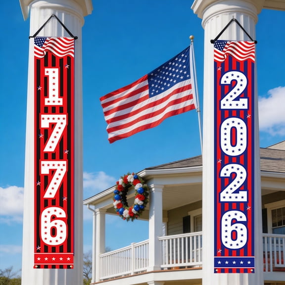 250 Anniversary Banner Door Sign 2 Pack 1776 2026 USA America Patriotic Hanging Banners Porch Signs Party Supplies for Room House Welcome Photo Backdrop,Red