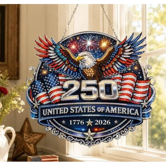 250 Anniversary Diamond Art Painting Kit for Adults, Patriotic Eagle Diamond Art Hanging Suncatchers, 4th of July Diamond Art Window Door Hanger Board Ornamen Crafts Kit