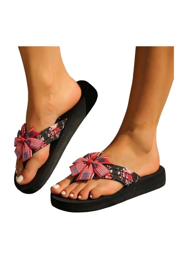 250 Anniversary Flip Flops for Women USA Flag Print Bow Platform Sandals Lightweight Non Slip Independence Day Slide Shoes Red Size 9