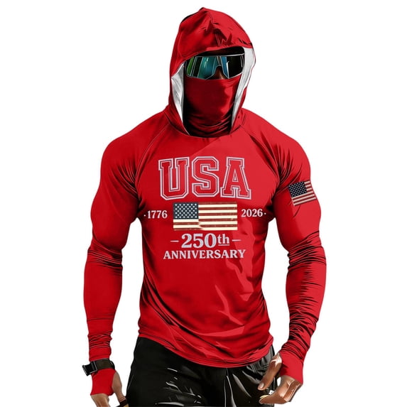 250 Anniversary Mens Fishing Sun Hoodie American Flag Patriotic 1776-2026 Print 4th of July Sunshirt Red 3XL