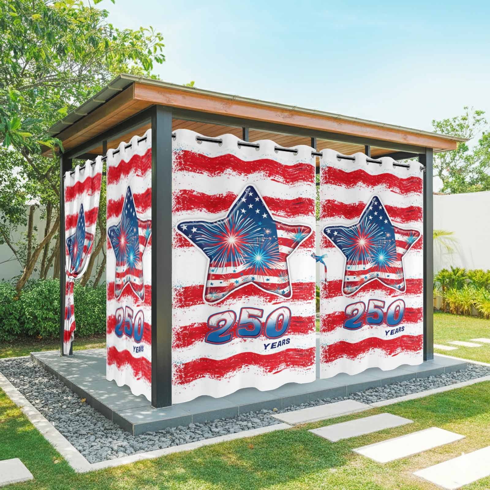 250 Anniversary Outdoor Curtains for Patio, American Flag Fireworks Star Red Strip Sunshade Privacy Drapes Grommet Waterproof Outside Curtains for Porch/Cabana/Balcony 54"x 108", 1 Panel
