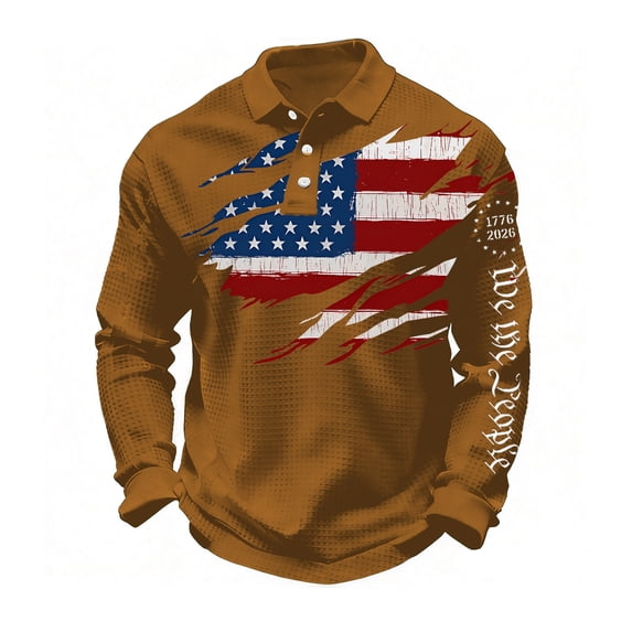 250 Anniversary Mens Polo Shirts American Flag Print Usa Shirt Long Sleeve Lapel Collar Waffle 4th Of July Patriotic T Shirt