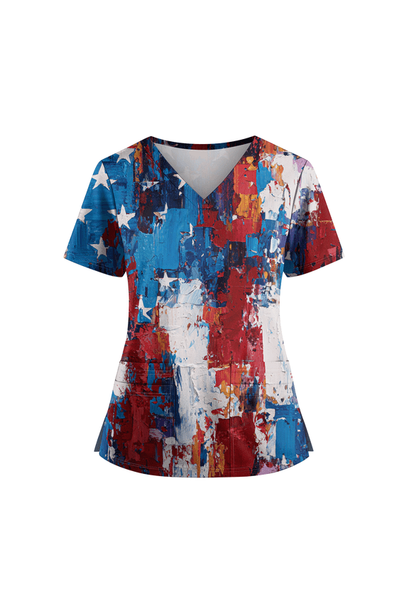 250 Anniversary Scrub Tops for Women American Flag Print 1776-2026 Patriotic Star Short Sleeve Tops V Neck Relaxed Fit Casual Nursing Uniforms with Pockets, #01 Blue, L