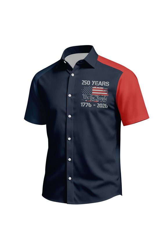 250 Anniversary Shirt for Men Patriotic Printed Patriotic Button Down Short Sleeve Blouse V Neck Freedom Flowy Summer Spring T-Shirt Regular Fit,M,#04 Navy
