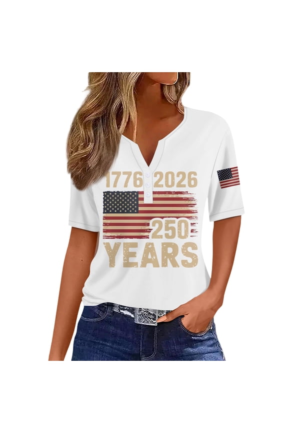 250 Anniversary Shirt for Women 4th of July Short Sleeve Henley Shirts Patriotic Button Down Casual American Flag 1776-2026 Tshirt (White,S)