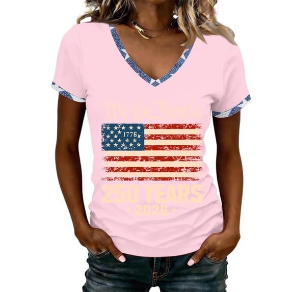 250 Anniversary Shirt for Women Red White Blue Patriotic Printed V-Neck Cute T-Shirt 1776-2026 Classic Fit Soft Daily Casual Tops,XL,#07 Pink