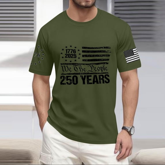 250 Anniversary T Shirts for Men Independence Day American Flag Print Crew Neck Short Sleeve Tees Muscle Classic Fit Beach Vacation Breathable Muscle Tops, Army Green, #01 Army Green