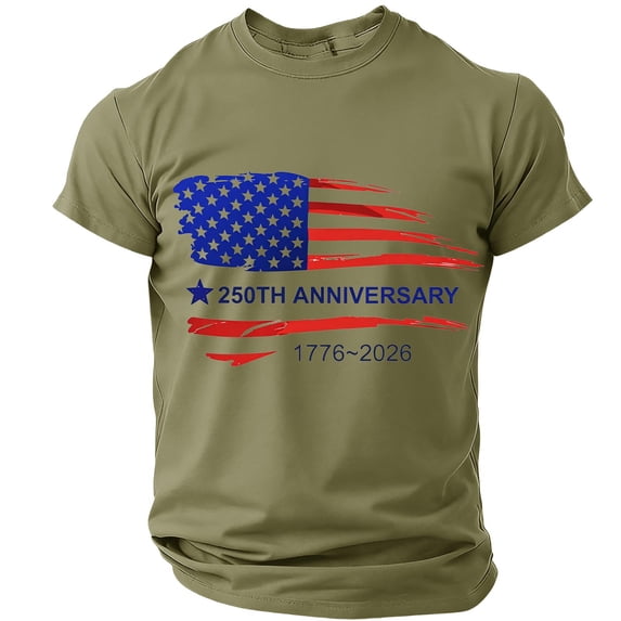 250 Anniversary T Shirts for Men United States Usa Flag Print Crew Neck Short Sleeve Muscle Tops Big and Tall Regular Fit Breathable Comfy Shirts, Army Green, #01 Army Green