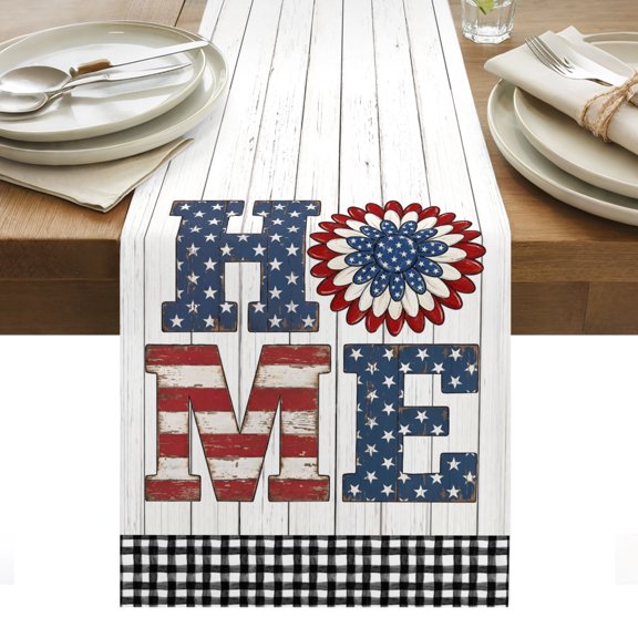 250 Anniversary Table Runner HOME Letters Memorial Black Plaid Wooden Tablerunners 13 x 48 Inch, Table Decorations Tabletop Scarf for Summer Gathering Holiday Farmhouse Kitchen Dining Decor