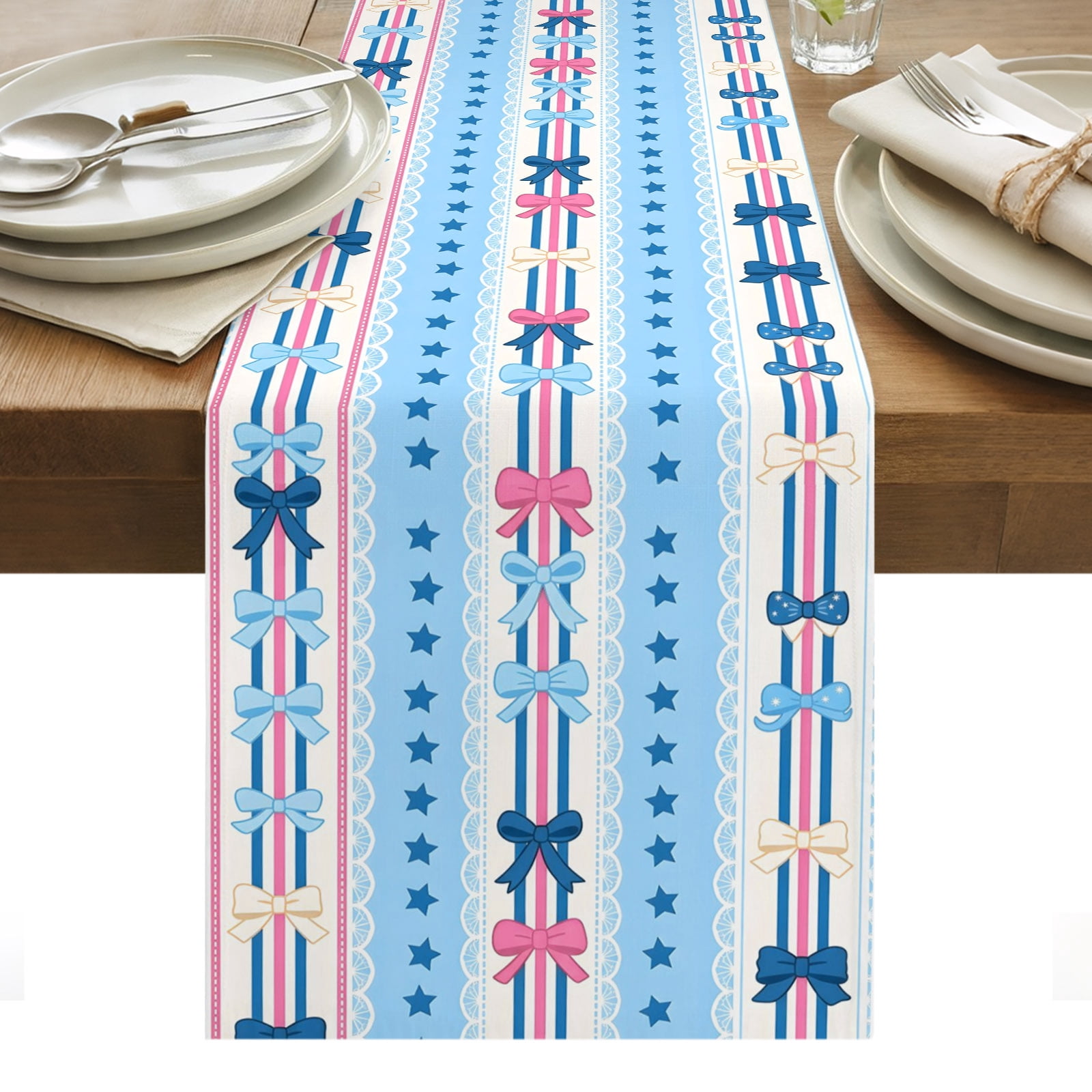 250 Anniversary Table Runner Independence Day Striped Boho Bow Sky Blue