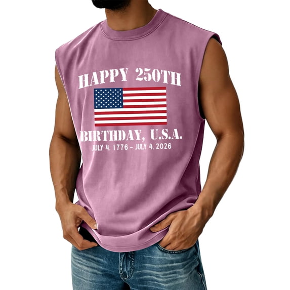 250 Anniversary Tank Tops for Men United States American Flag Print Crew Neck Sleeveless T-Shirt Moisture Wicking Relaxed Fit Breathable Beach Vacation Tanks, Pink, #01 Pink