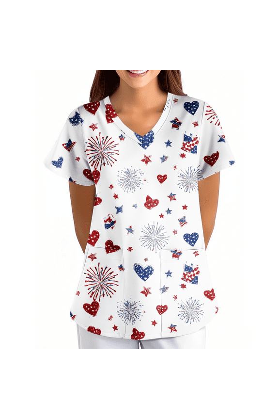 250 Anniversary USA 4th of July Medical Scrub Tops for Women V-Neck Short Sleeve Scrubs Blouses Patriotic Nurse Uniform with Pockets 01-Deep Red L