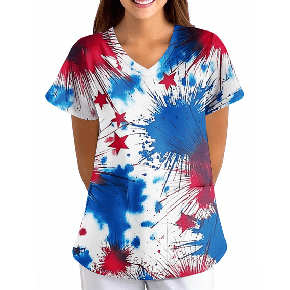 250 Anniversary USA 4th of July Medical Scrub Tops for Women V-Neck Short Sleeve Scrubs Blouses Patriotic Nurse Uniform with Pockets 01-Navy XL