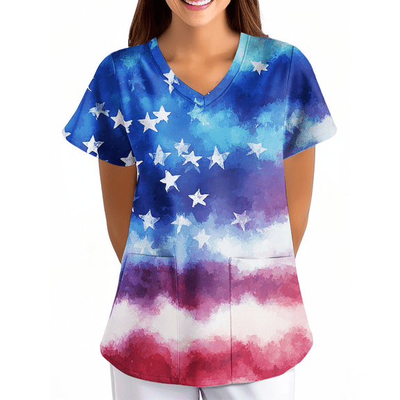 250 Anniversary USA 4th of July Medical Scrub Tops for Women V-Neck Short Sleeve Scrubs Blouses Patriotic Nurse Uniform with Pockets 02-Red M