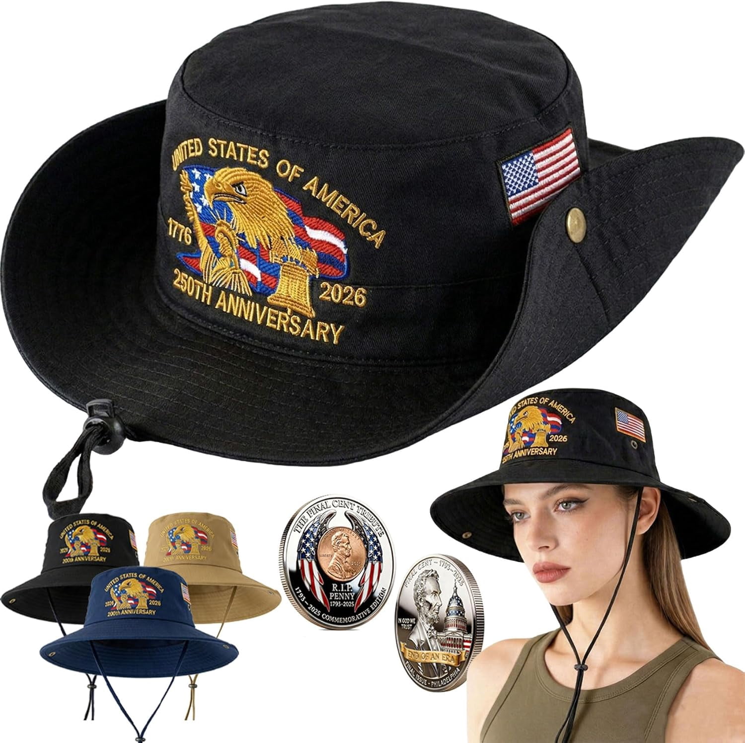 Hat Rack 1776 250 Anniversary USA Bucket Hat 1776-2026 Patriotic Embroidered Wide ...