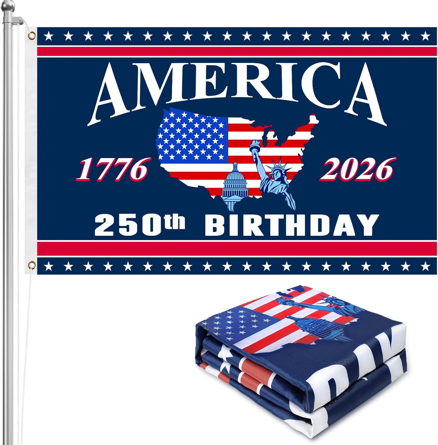 250 Anniversary USA Flag - 3x5 Ft Double Sided 3 Layers Patriotic Flags - 4th of July Decorations Independence Day 250th Anniversary American Flag for Indoor Outdoor Decoration