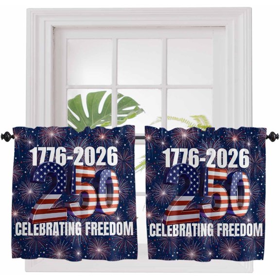 250 Anniversary USA Flag Curtains 36 Inch Length 2 Panels, Bedroom Short Curtains, Blue American Flag 250 Fireworks Window Treatments Light Filtering Kitchen Window Curtains Over Sink 27.5"x36"