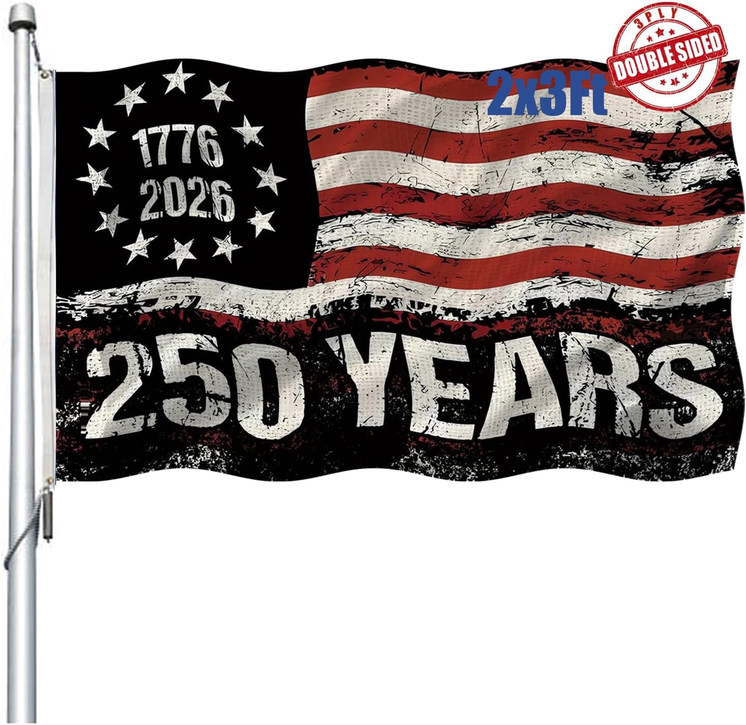 250 Anniversary USA Flag Double Sided 3 Ply 2x3 Outdoor-Heavy Duty 1776-2026 250 Year American Anniversary Commemorative Flag Banner with 2 Brass Grommets 4 Rows Stitched
