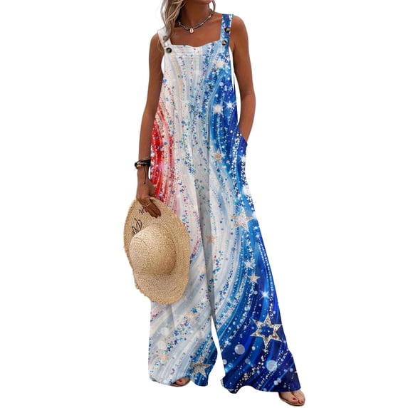 250 Anniversary USA Flag Jumpsuits for Women Casual Sleeveless Loose Patriotic Overalls Wide Leg Romper with Pockets M