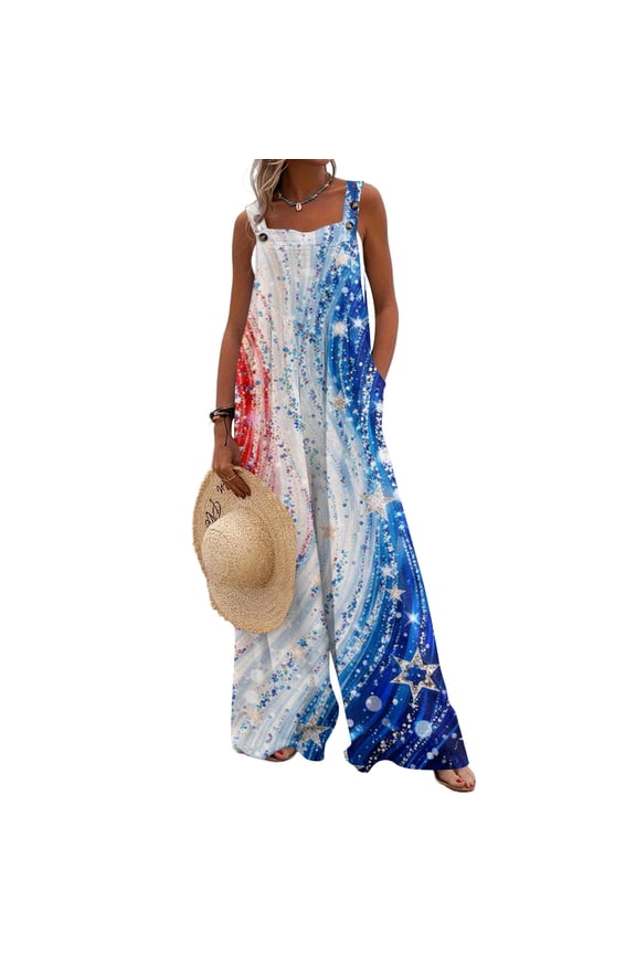 250 Anniversary USA Flag Jumpsuits for Women Casual Sleeveless Loose Patriotic Overalls Wide Leg Romper with Pockets M