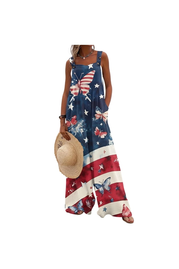 250 Anniversary USA Flag Jumpsuits for Women Casual Sleeveless Loose Patriotic Overalls Wide Leg Romper with Pockets M