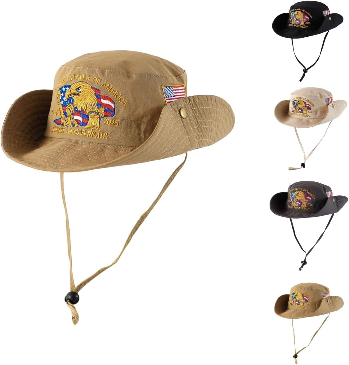 250 Anniversary USA Hat, 4th of July Patriotic Retro Adjustable Wide Brim Boonie Hat, Men & Women Top Bucket Hats