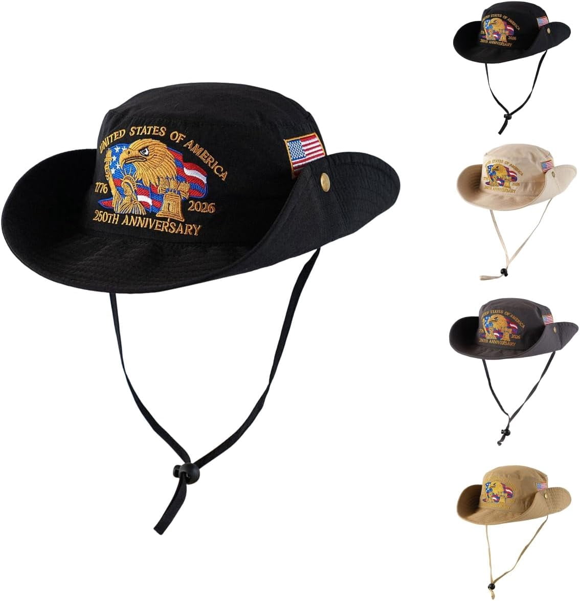250 Anniversary USA Hat, 4th of July Patriotic Retro Adjustable Wide Brim Boonie Hat, Men & Women Top Bucket Hats