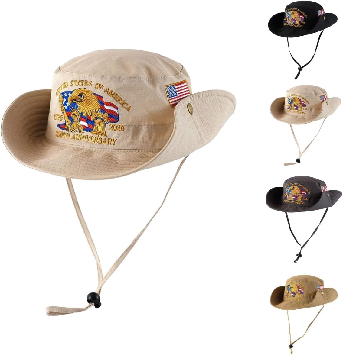 250 Anniversary USA Hat, 4th of July Patriotic Retro Adjustable Wide Brim Boonie Hat, Men & Women Top Bucket Hats