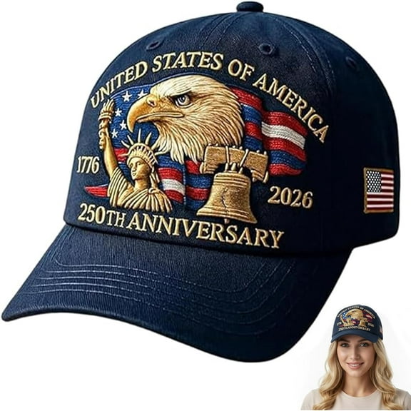 250 Anniversary USA Hat, United States 250th Anniversary Hat, Bald Eagle Embroidered Patriotic Baseball Cap, Adjustable 250 Year American Cap Blue