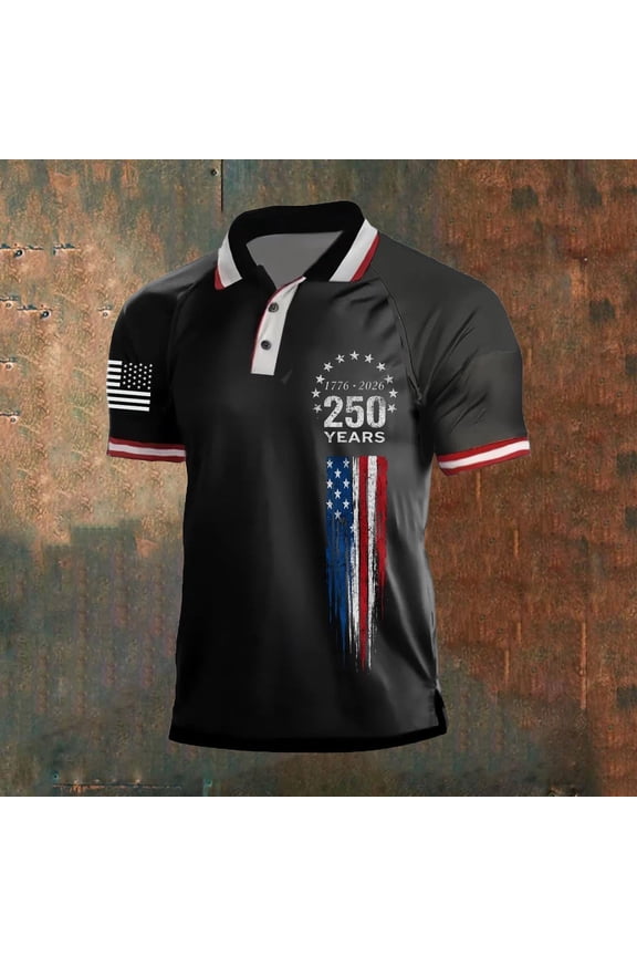 250 Anniversary USA Polo Shirt For Mens American Falg Print Stand Collar Patriotic 1776-2026 July 4th Shirts With Button Loose Short Sleeve Basic Work Tee Black XXL