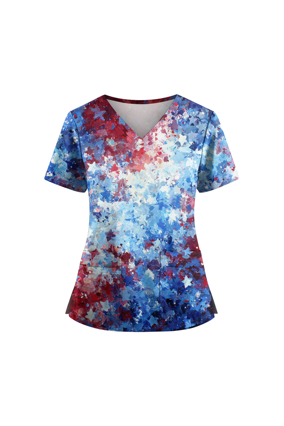 250 Anniversary USA Scrubs for Women, Soft V-Neck 4th of July Scrub Tops, Patriotic Stretchy Medical Uniform with Pockets, Breathable & Easy Care 02-Blue XXL