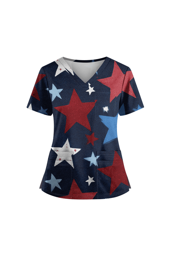250 Anniversary USA Scrubs for Women, Soft V-Neck 4th of July Scrub Tops, Patriotic Stretchy Medical Uniform with Pockets, Breathable & Easy Care 02-White S