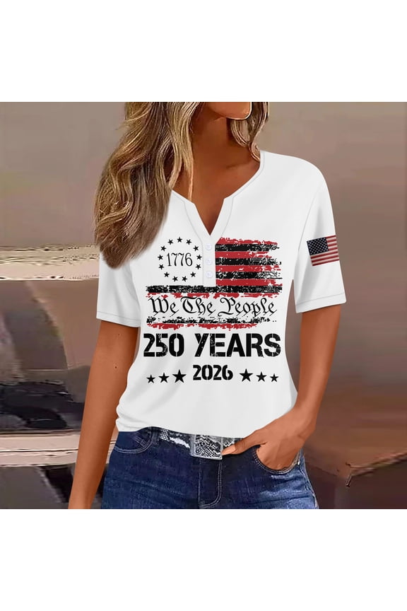 250 Anniversary USA Shirt, 1776-2026 250th Split Neck T-Shirt, 4th July Short Sleeve Tops