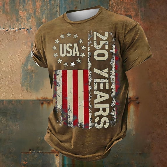 250 Anniversary USA Shirt Crewneck Pullover Tops Men's Tshirts Shirts Short Sleeve T Shirt America 4th of July Shirt Crew Neck Tee(Khaki,XXXXXL)