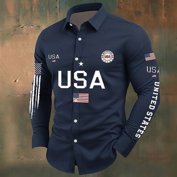 250 Anniversary USA Shirt Long Sleeve Button Down Lapel Shirt Independence Day Plus Size Casual Shirts for Men Dark Blue L