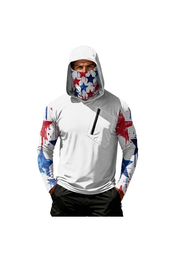 250 Anniversary USA Shirt For Men Fishing Sun Hoodie Long Sleeve Independence Day USAFlag Print Hoodie Quick Dry Fishing Shirt With Built-In Face Cover