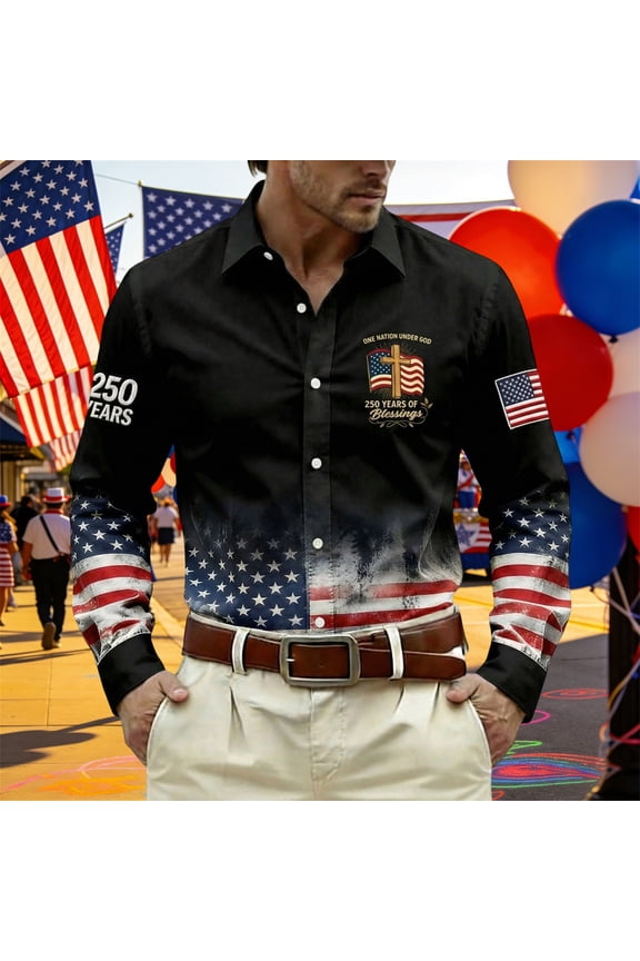 250 Anniversary USA Shirt Men Long Sleeve Collared 250th Anniversary Print Button Down Shirt Independence Day Stylish Casual Black XXXL