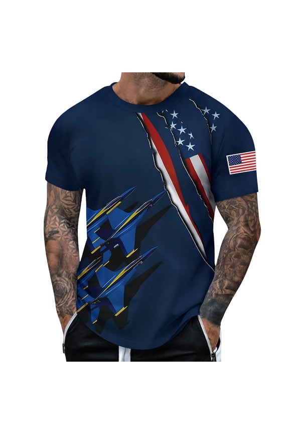 250 Anniversary USA Shirt Men's Short Sleeve Crew Neck Tee with Stars and Stripes Print Patriotic Design Graphic T Shirt Casual Everyday Wear Lightweight Blue L