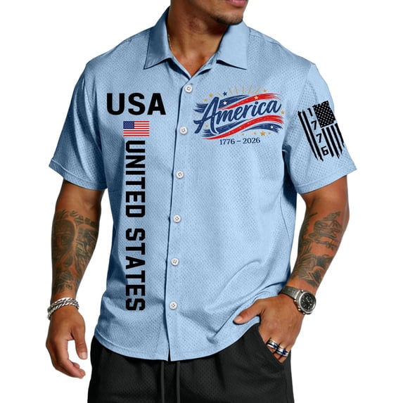 250 Anniversary USA Shirt Mens 4th Of July American Flag Printed Hawaiian Shirts Short Sleeve Button Down Patriotic Shirts USA Independence Celebration Beach Party Wear,Blue 3XL