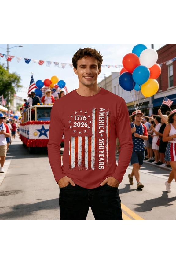 250 Anniversary USA Shirt For Mens Loose Crew Neck Long Sleeve 4th of July Patriotic T Shirts American Flag Print Basic Work Tee Vacation Clothes XXXL