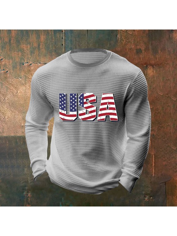 250 Anniversary USA Shirt For Mens USA Letter Print Long Sleeve Crew Neck Patriotic July 4th T Shirt Loose Basic Blouses Vacation Clothes Light Gray XXXL