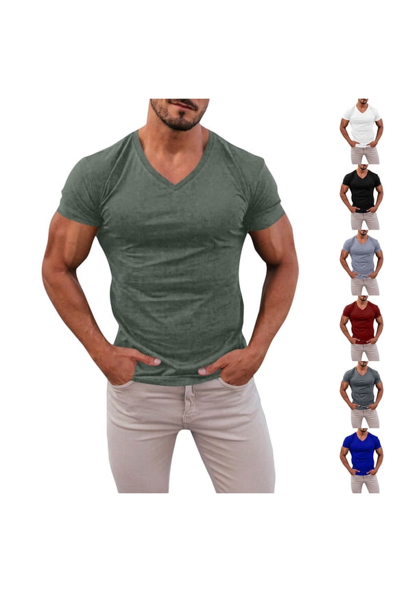 V Neck T-Shirts for Men Big and Tall Short Sleeve Tee Tops Slim Fit Casual Low Cut Shirts Light Gray XL