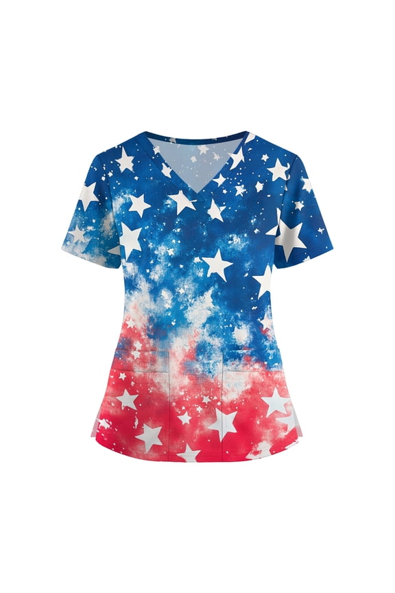 250 Anniversary USA Shirt Women, 4th of July Nurse Shirt, Plus Size Stars Patriotic Short Sleeve V Neck Nursing Uniforms with Pockets