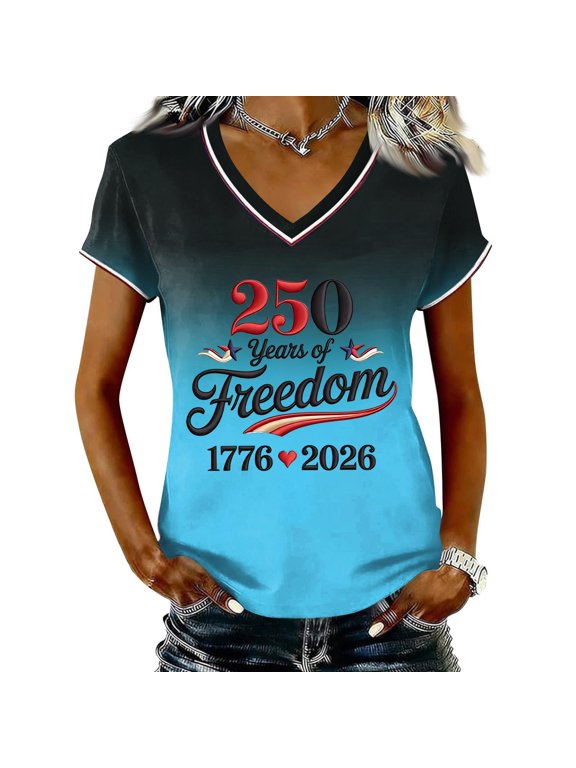 250 Anniversary USA Shirt For Women Casual V Neck Short Sleeve Pullover T Shirt Gradient Independence Day Of Freedom 1776‑2026 Print Patriotic Summer Top USA Trendy Baseball Jersey