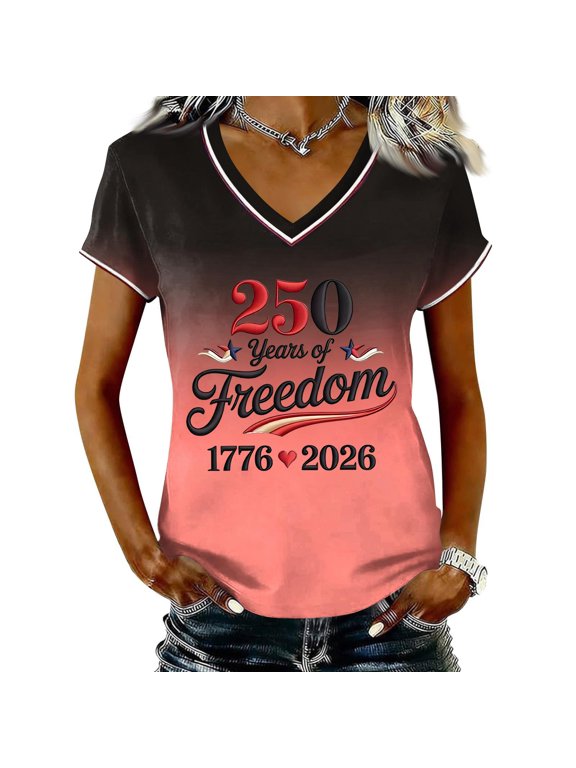 250 Anniversary USA Shirt For Women Casual V Neck Short Sleeve Pullover T Shirt Gradient Independence Day Of Freedom 1776‑2026 Print Patriotic Summer Top USA Trendy Baseball Jersey
