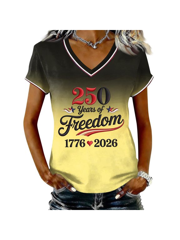 250 Anniversary USA Shirt For Women Casual V Neck Short Sleeve Pullover T Shirt Gradient Independence Day Of Freedom 1776‑2026 Print Patriotic Summer Top USA Trendy Baseball Jersey