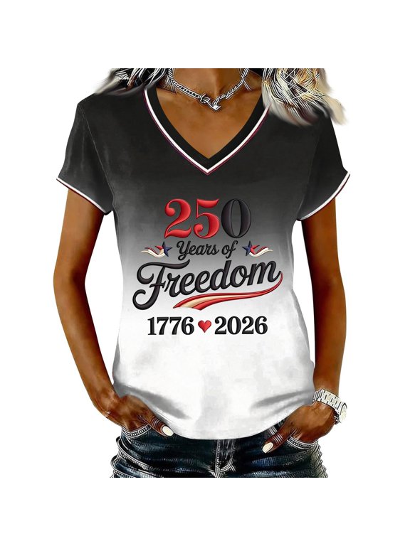 250 Anniversary USA Shirt For Women Casual V Neck Short Sleeve Pullover T Shirt Gradient Independence Day Of Freedom 1776‑2026 Print Patriotic Summer Top USA Trendy Baseball Jersey