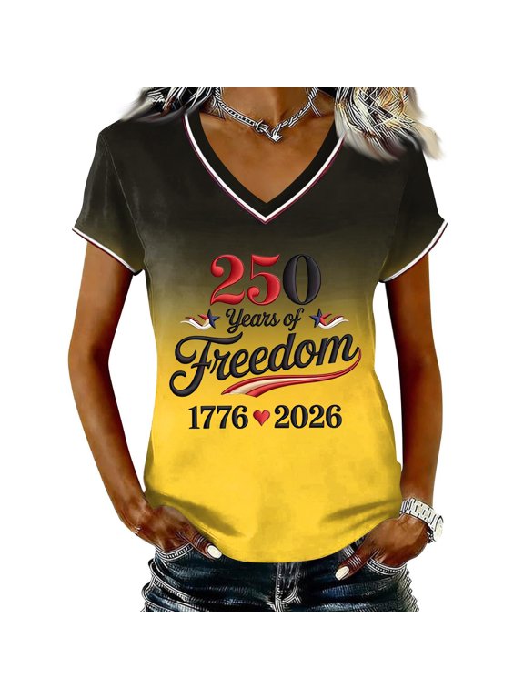 250 Anniversary USA Shirt For Women Casual V Neck Short Sleeve Pullover T Shirt Gradient Independence Day Of Freedom 1776‑2026 Print Patriotic Summer Top USA Trendy Baseball Jersey