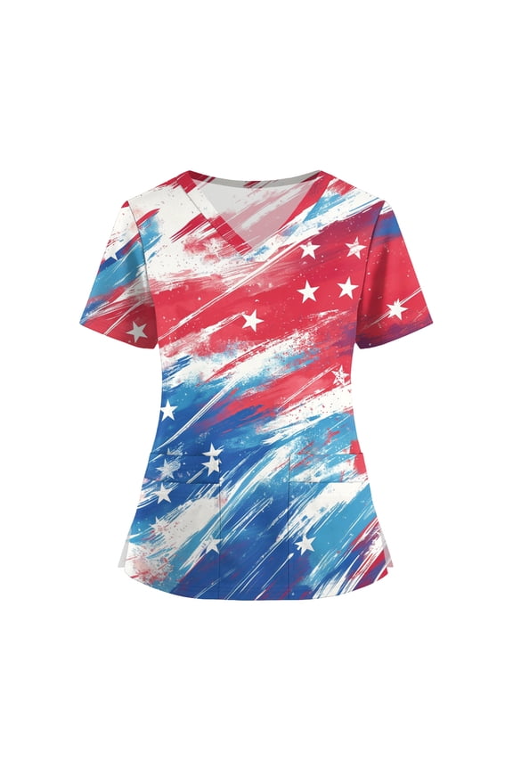 250 Anniversary USA Shirt Women, Plus Size Stars Patriotic Short Sleeve V Neck Nurse Shirt with Pockets, Nursing Uniforms for 4th of July